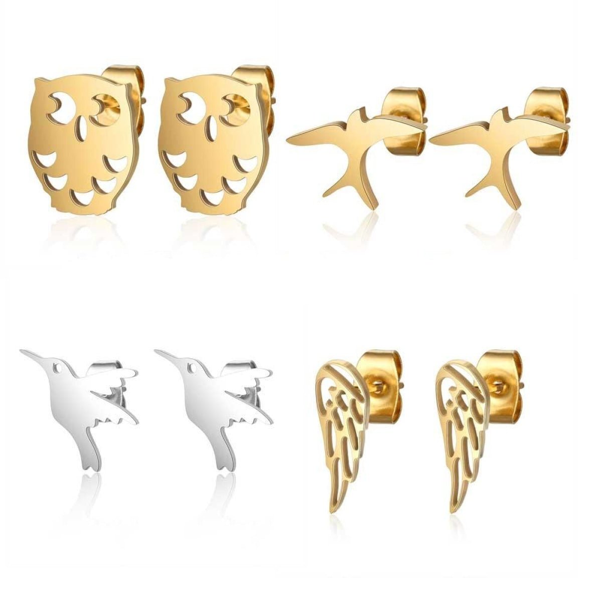 1 Pair 316L Gold Silver Colour Stainless Steel SS Night Owl Humming Bird Swallow Stud Earring Jewellery Gift - Bird 1 - Gold - Asia Sell