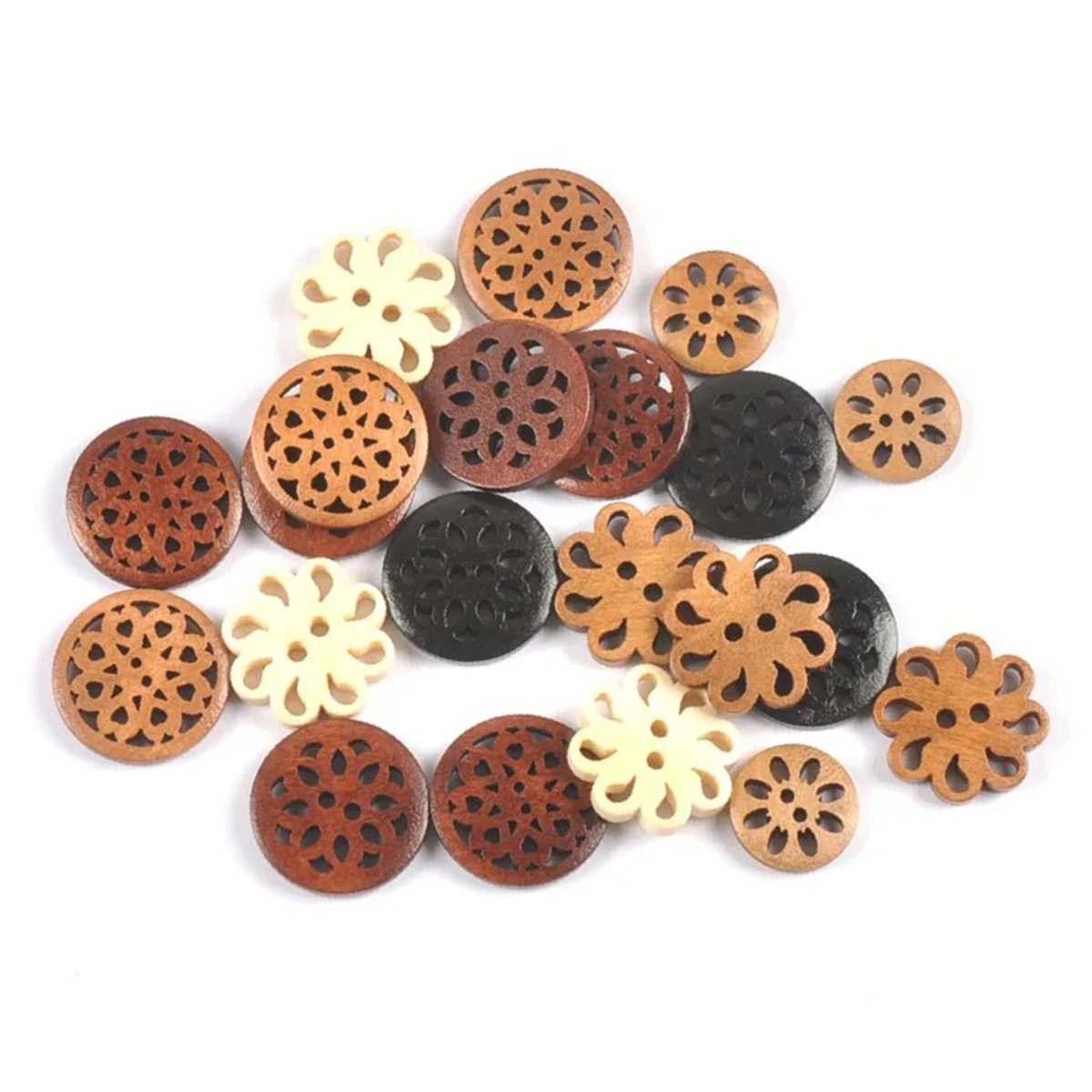 10-30pcs 18-25mm Carved Wooden Buttons Brown Cut-Out 2-Hole Coat Upholstery Flower Sewing Clothes - 10pcs 23.5mm Beige - Asia Sell