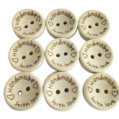 100pcs 2-Holes Handmade with Love Round Wooden Buttons Button Handmade Clothes - 15mm "Handmade with Love" - - Asia Sell