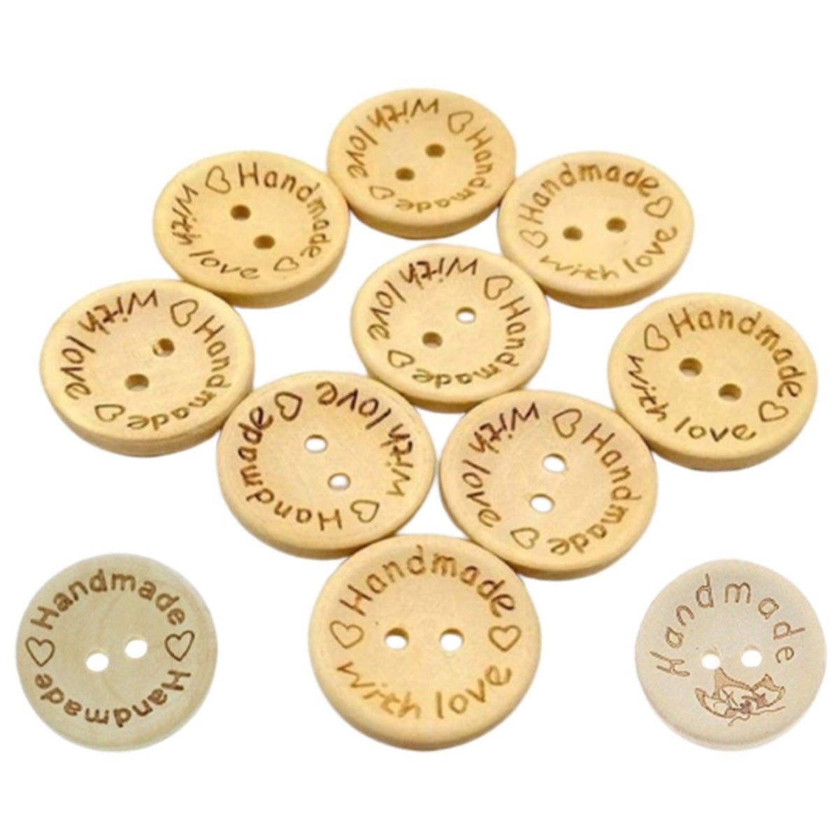 100pcs 2-Holes Handmade with Love Round Wooden Buttons Button Handmade Clothes - 15mm "Handmade with Love" - Asia Sell