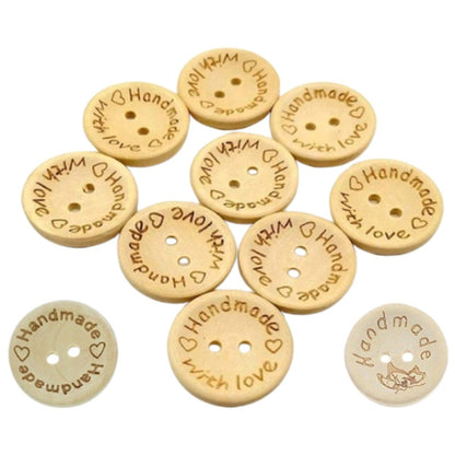 100pcs 2-Holes Handmade with Love Round Wooden Buttons Button Handmade Clothes - 15mm "Handmade with Love" - - Asia Sell