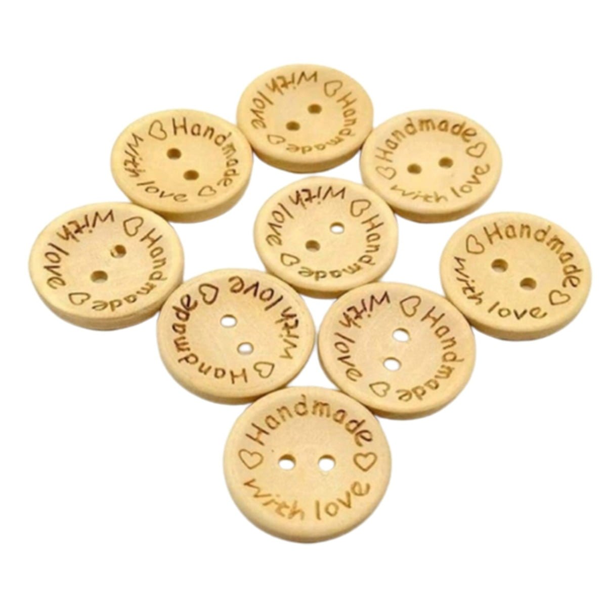 100pcs 2-Holes Handmade with Love Round Wooden Buttons Button Handmade Clothes - 25mm "Handmade with Love" - - Asia Sell