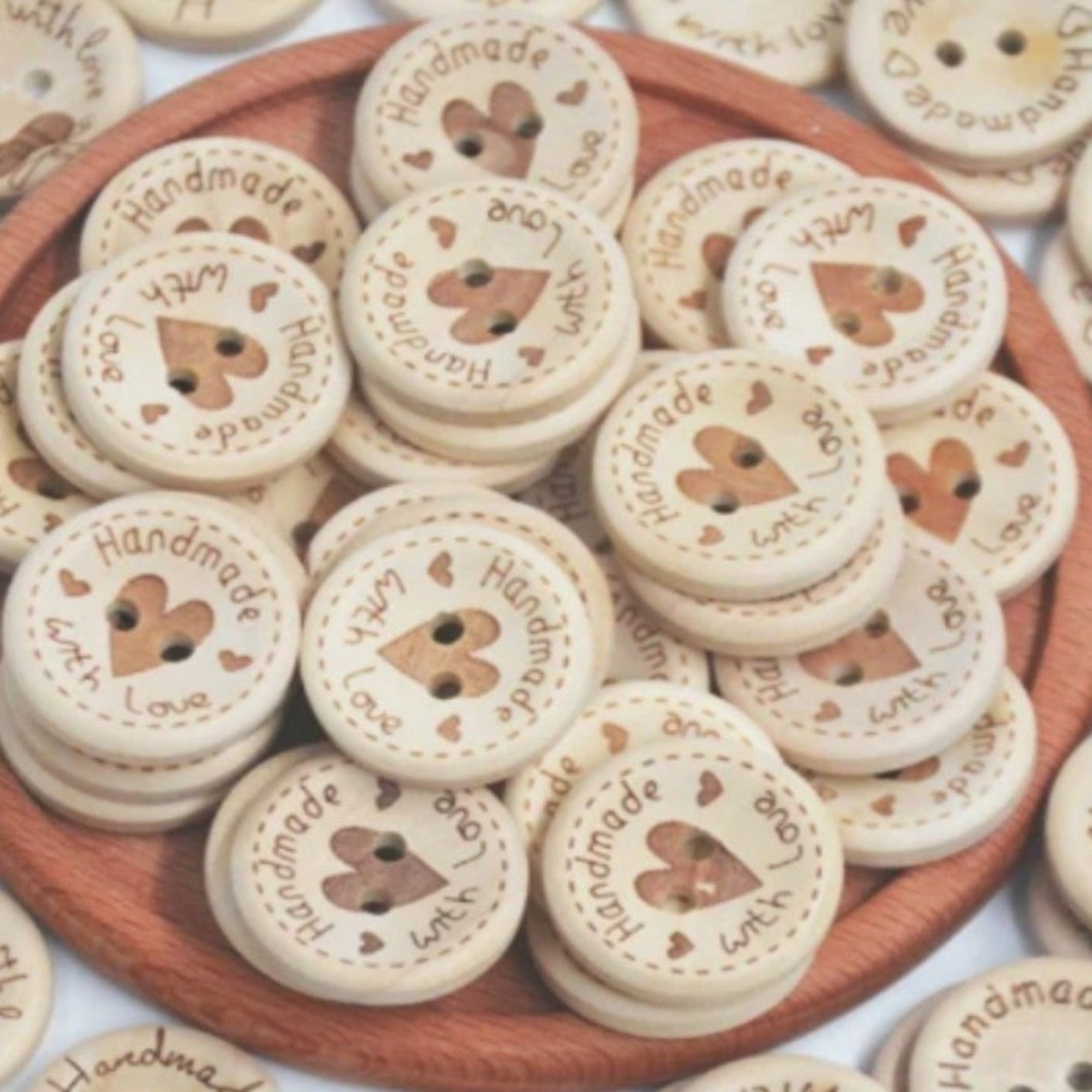 100pcs 2-Holes Handmade with Love Round Wooden Buttons Button Handmade Clothes - 15mm Heart Design - - Asia Sell