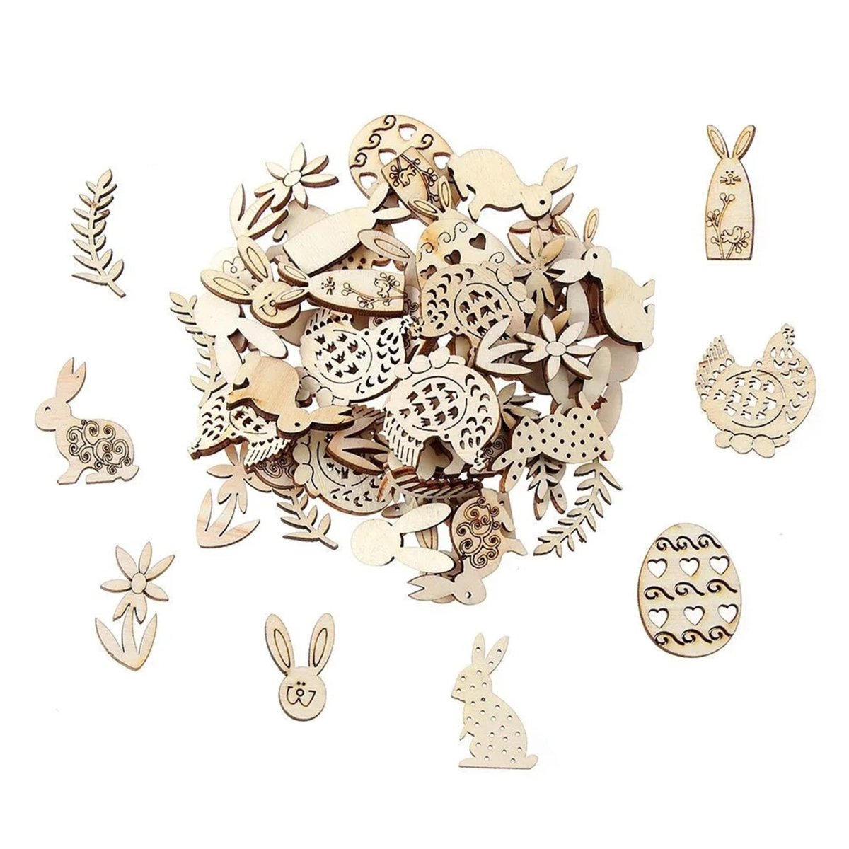 100pcs 25-40mm Easter Theme Wooden Crafts Flat Shapes For DIY Scrapbook Natural Wood Ornaments Home Decor Handicraft Embellishment - - Asia Sell