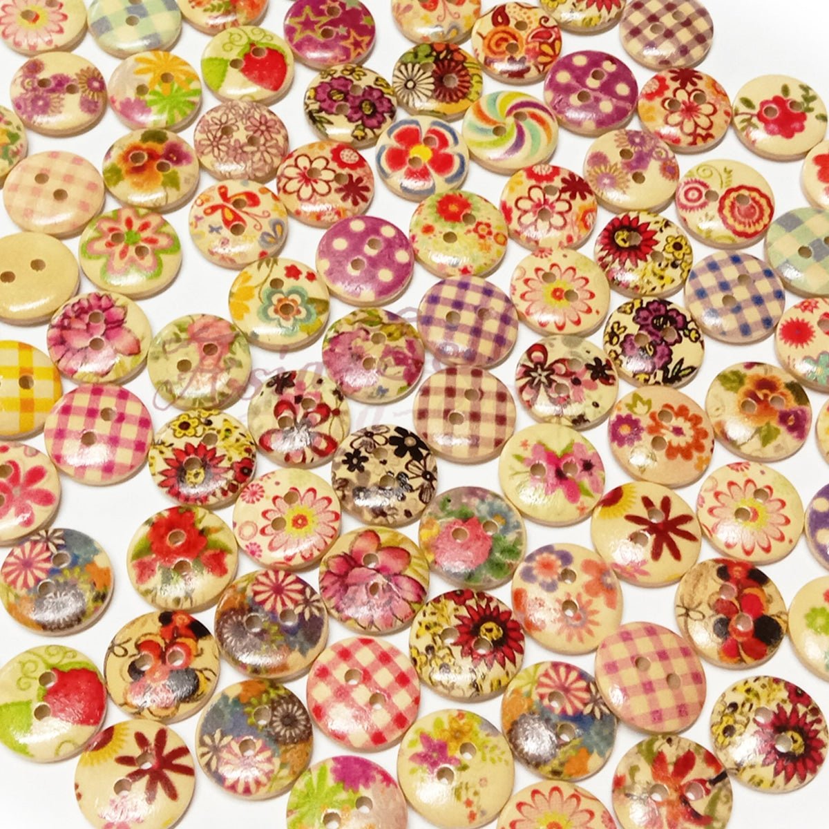 100pcs Mixed Wooden Buttons Flower for Clothing Craft Sewing DIY 2 Hole 15mm - Flowers 1 - - Asia Sell