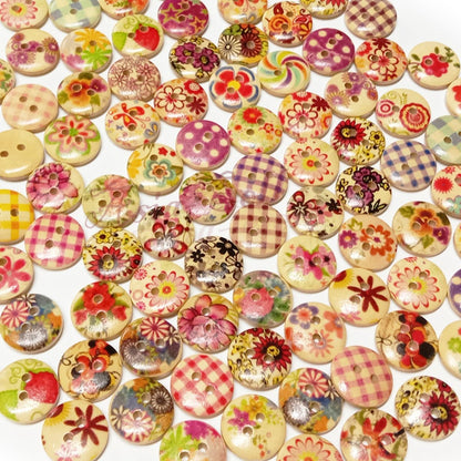 100pcs Mixed Wooden Buttons Flower for Clothing Craft Sewing DIY 2 Hole 15mm - Flowers 1 - - Asia Sell