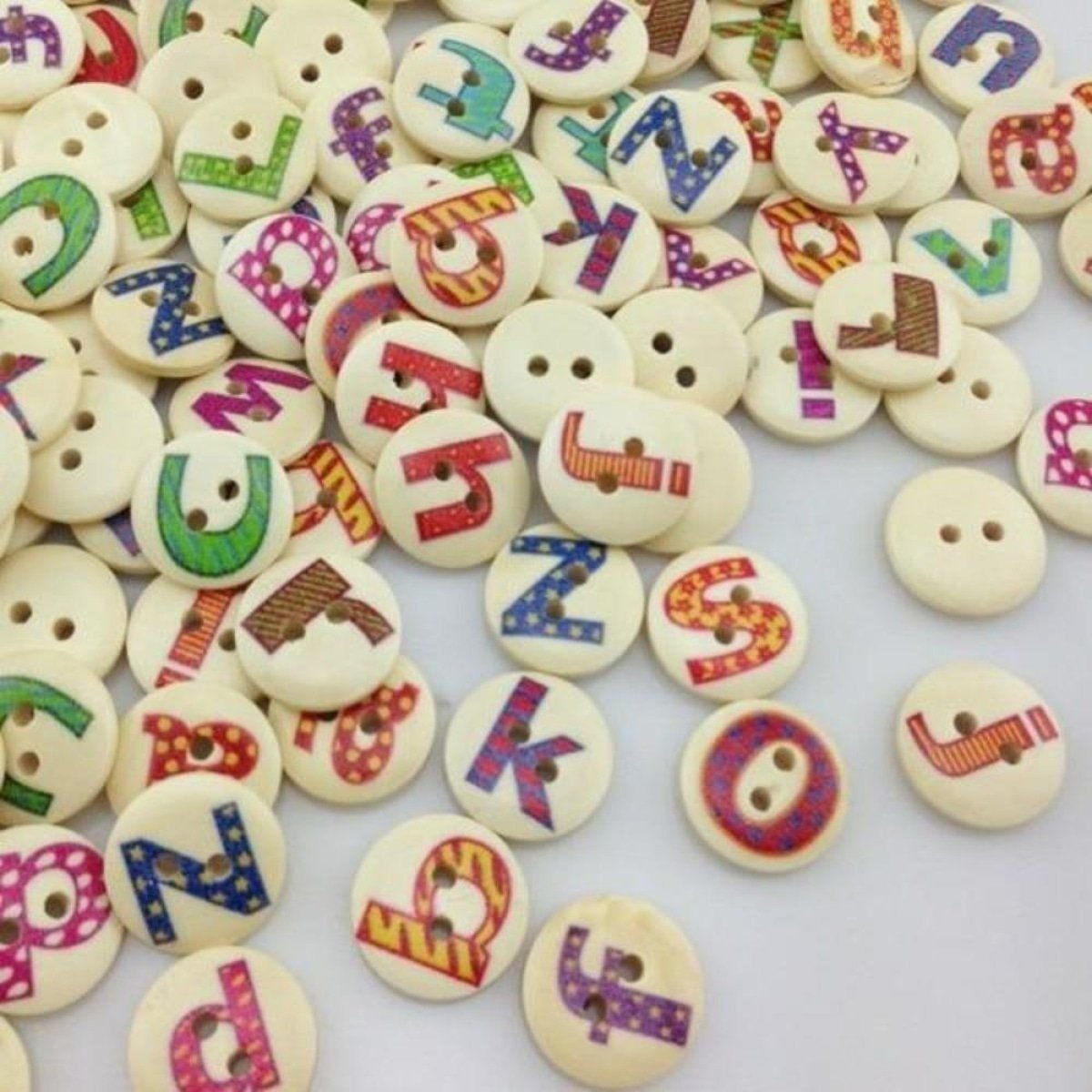 100pcs Mixed Wooden Buttons Flower for Clothing Craft Sewing DIY 2 Hole 15mm - Letters - Asia Sell