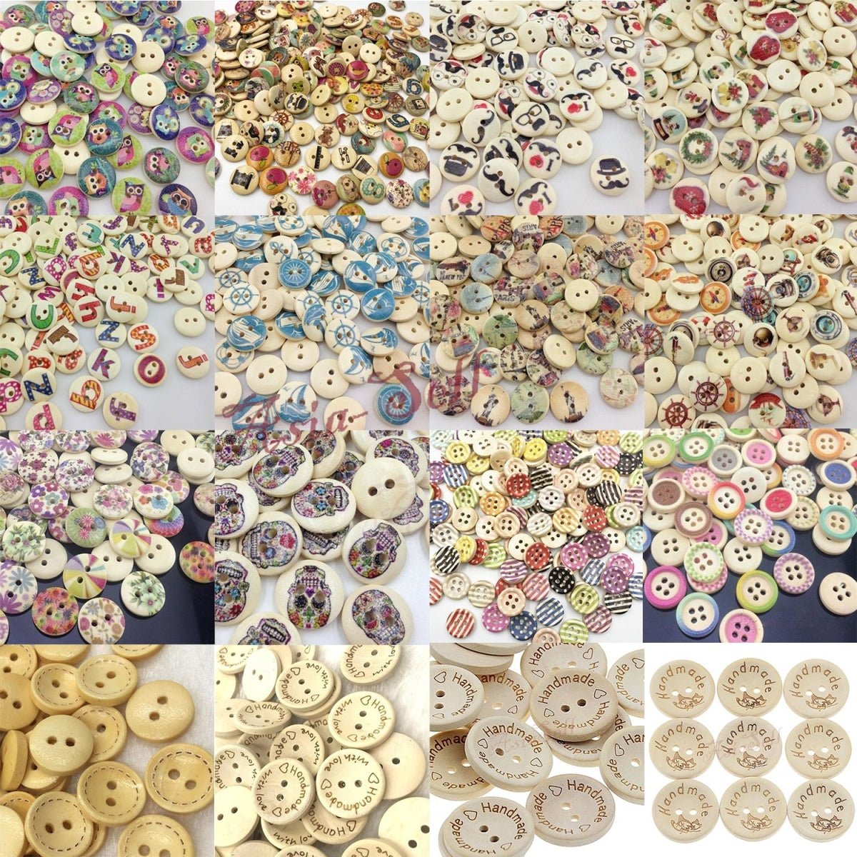 100pcs Mixed Wooden Buttons Flower for Clothing Craft Sewing DIY 2 Hole 15mm - Letters - Asia Sell