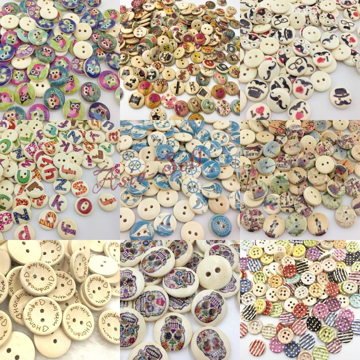 100pcs Mixed Wooden Buttons Flower for Clothing Craft Sewing DIY 2 Hole 15mm - Letters - Asia Sell