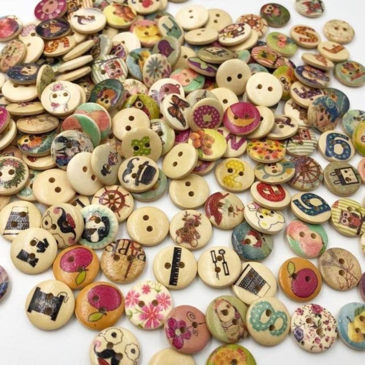 100pcs Mixed Wooden Buttons Flower for Clothing Craft Sewing DIY 2 Hole 15mm - Mixed - Asia Sell