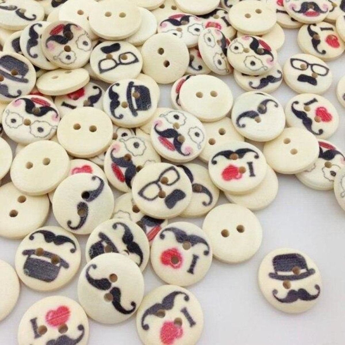 100pcs Mixed Wooden Buttons Flower for Clothing Craft Sewing DIY 2 Hole 15mm - Moustache - Asia Sell