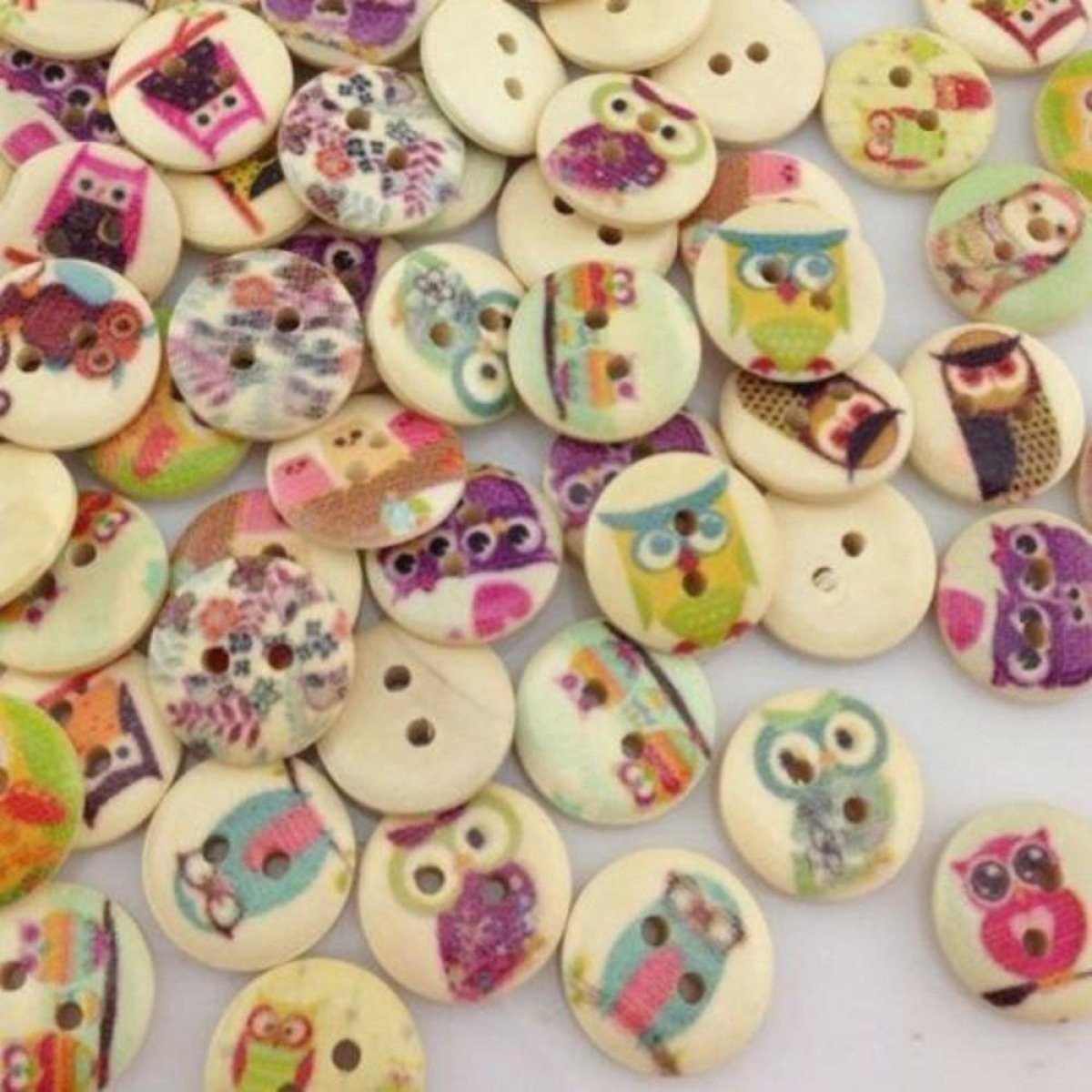 100pcs Mixed Wooden Buttons Flower for Clothing Craft Sewing DIY 2 Hole 15mm - Owls 2 - - Asia Sell