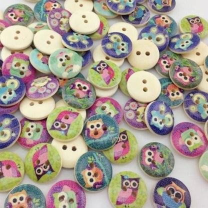 100pcs Mixed Wooden Buttons Flower for Clothing Craft Sewing DIY 2 Hole 15mm - Owls - - Asia Sell