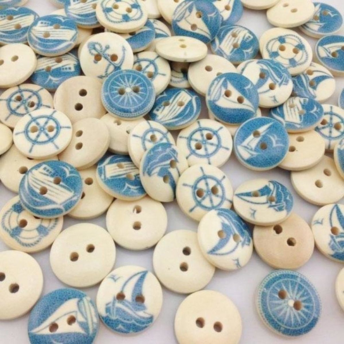 100pcs Mixed Wooden Buttons Flower for Clothing Craft Sewing DIY 2 Hole 15mm - Sailing Blue - - Asia Sell