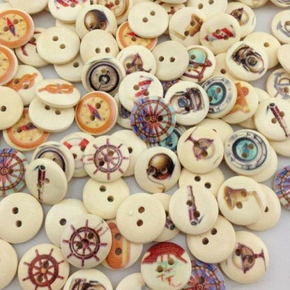 100pcs Mixed Wooden Buttons Flower for Clothing Craft Sewing DIY 2 Hole 15mm - Sailing Mixed - - Asia Sell