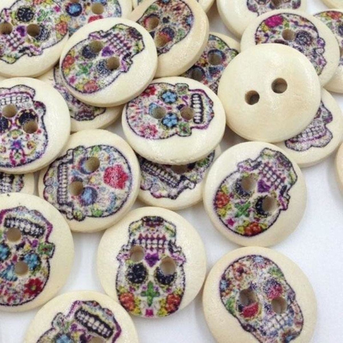 100pcs Mixed Wooden Buttons Flower for Clothing Craft Sewing DIY 2 Hole 15mm - Skulls - - Asia Sell