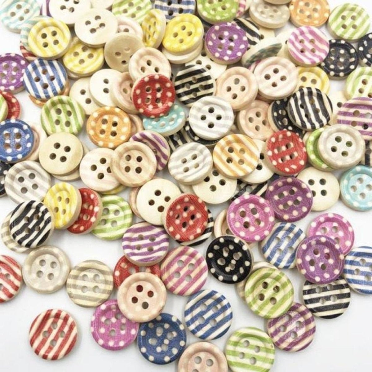 100pcs Mixed Wooden Buttons Flower for Clothing Craft Sewing DIY 2 Hole 15mm - Stripes & Dots - Asia Sell
