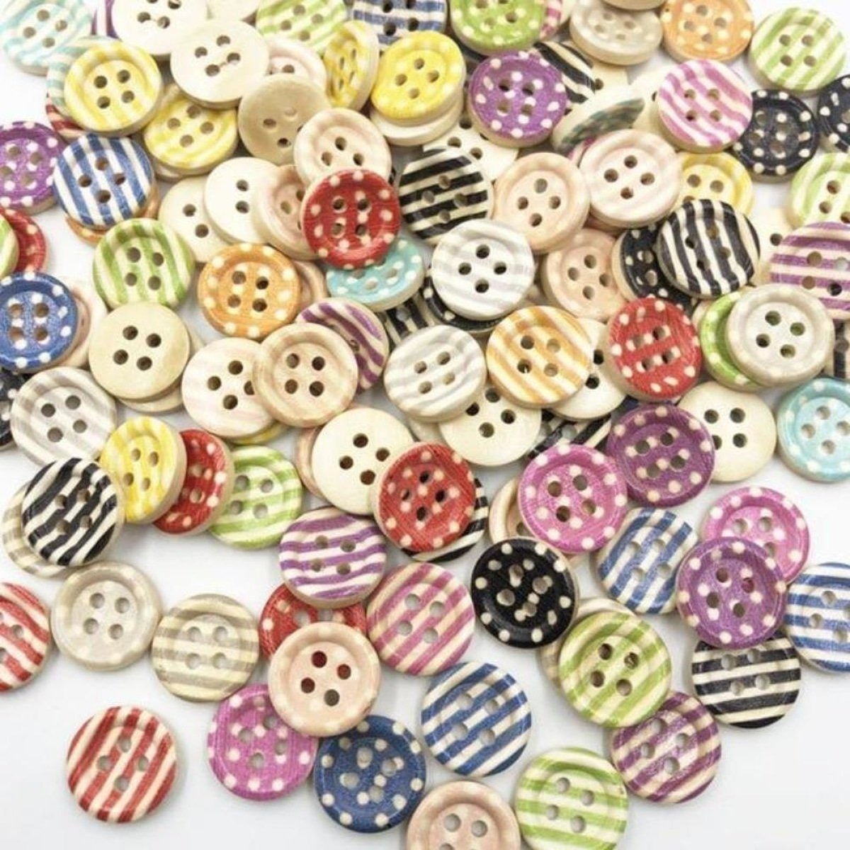 100pcs Mixed Wooden Buttons Flower for Clothing Craft Sewing DIY 2 Hole 15mm - Stripes & Dots - - Asia Sell