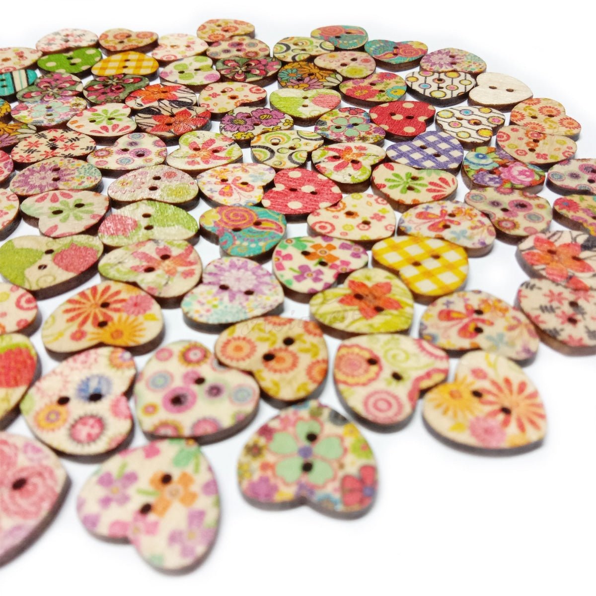 100pcs Wooden Heart Shaped Buttons Mixed Flower Patterns Colourful 17mmx15mm 2-Hole - - Asia Sell