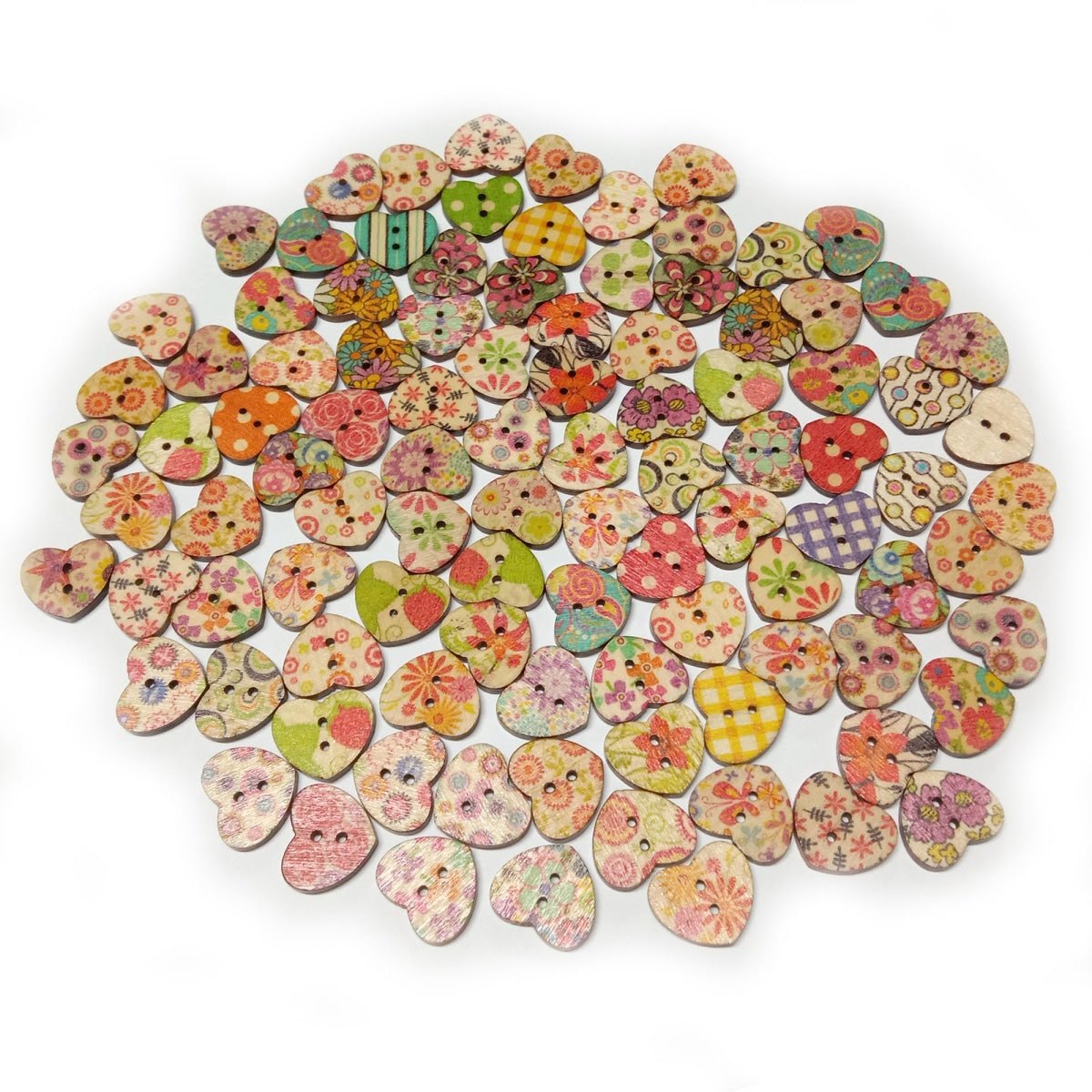 100pcs Wooden Heart Shaped Buttons Mixed Flower Patterns Colourful 17mmx15mm 2-Hole - - Asia Sell