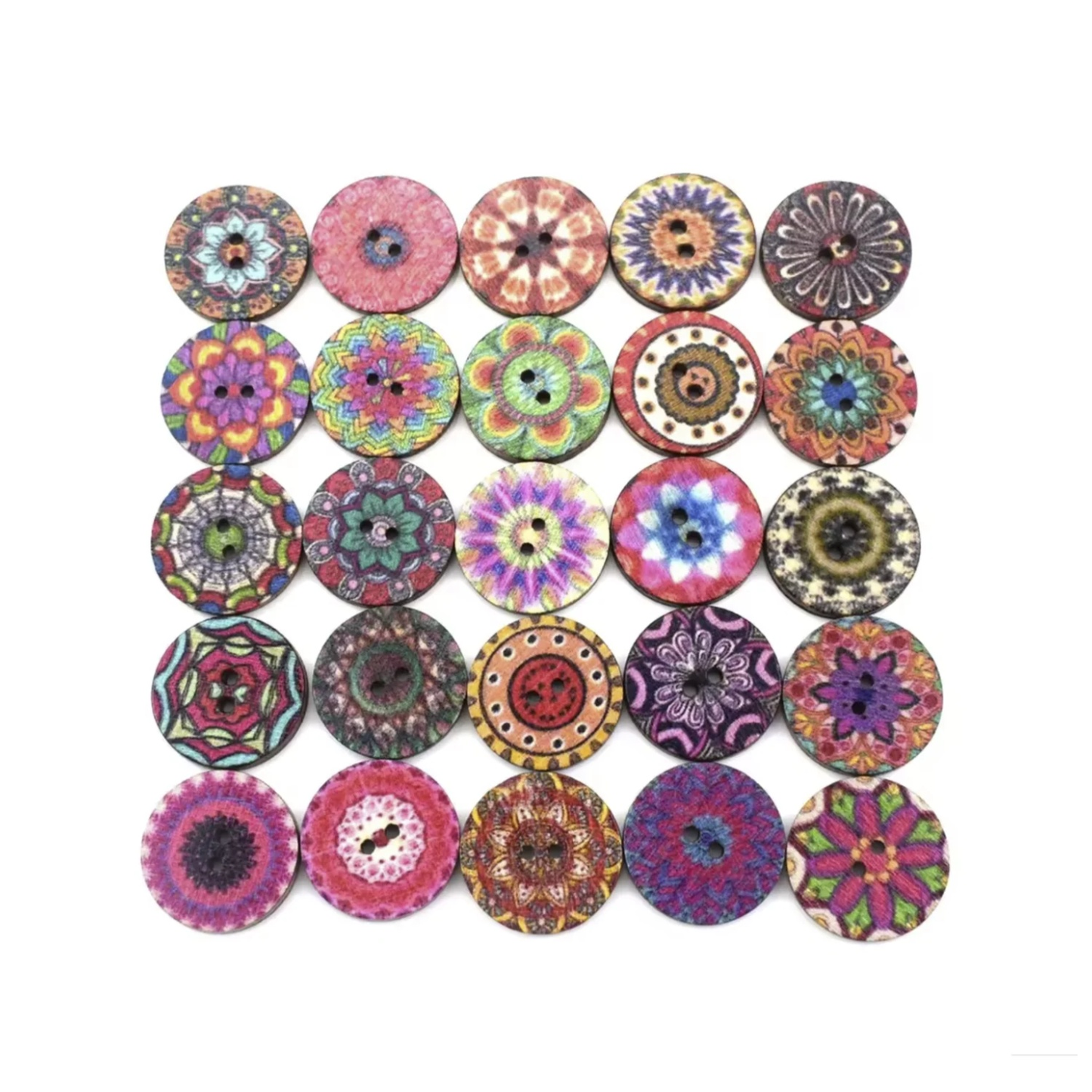 100pcs Wooden Buttons Retro Style Round 25mm Colourful Mandala | Asia Sell
