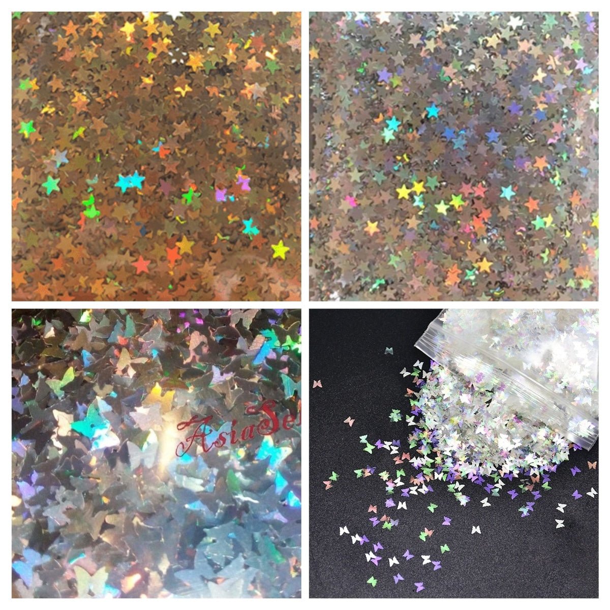10g Holographic Nail Art Decals Silver Gold Stars Butterflies Bling Decorations - Silver Butterfly Sequins - Asia Sell