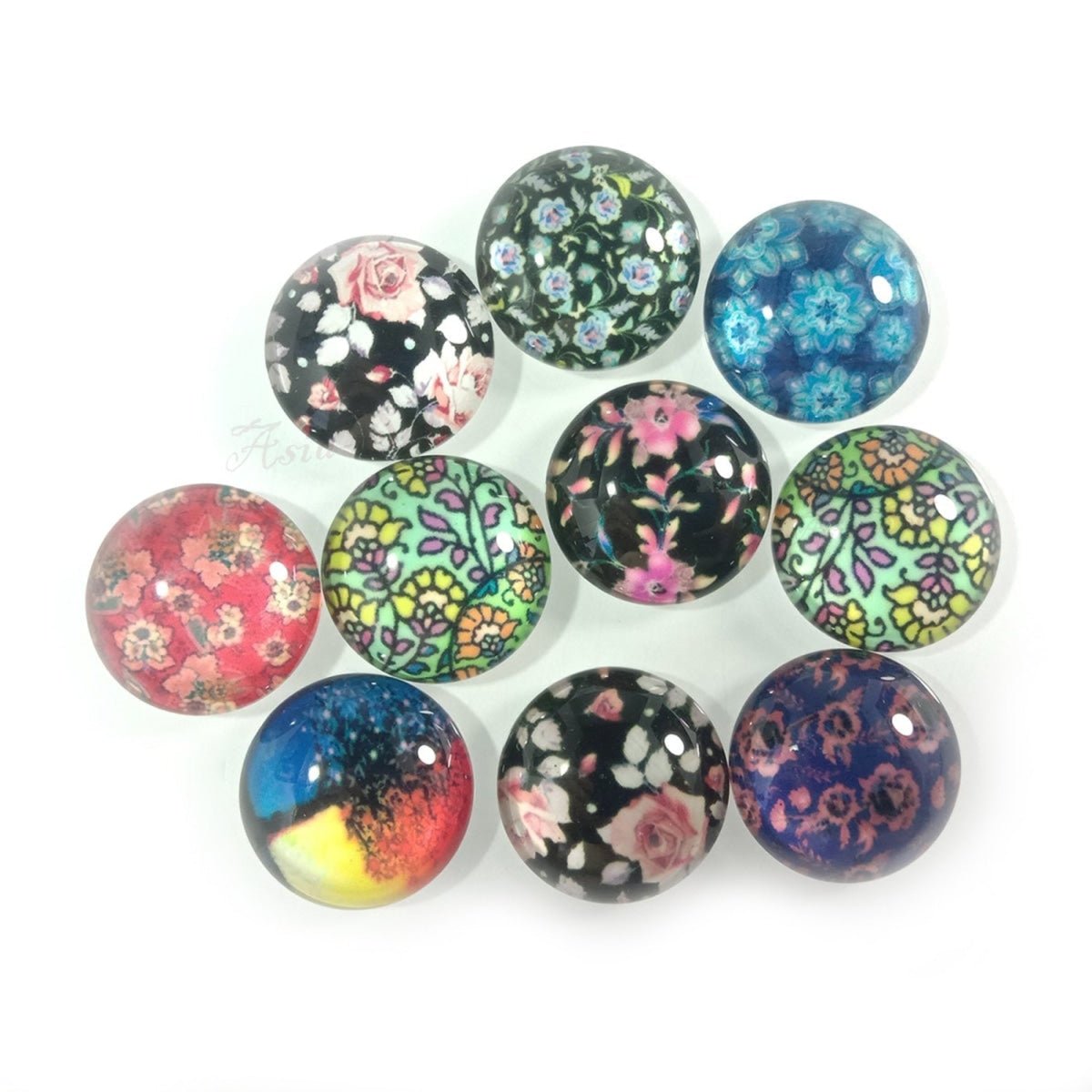 10pcs 20mm Mixed Round Flower Glass Cabochon for Bracelet Necklace Earrings Jewellery Crafts - Set 2 - - Asia Sell