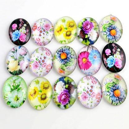 10pcs Glass Cabochons Flower Tree Life Handmade Oval Shape 18x25mm Jewellery Accessories - FLOWERS 1 - - Asia Sell