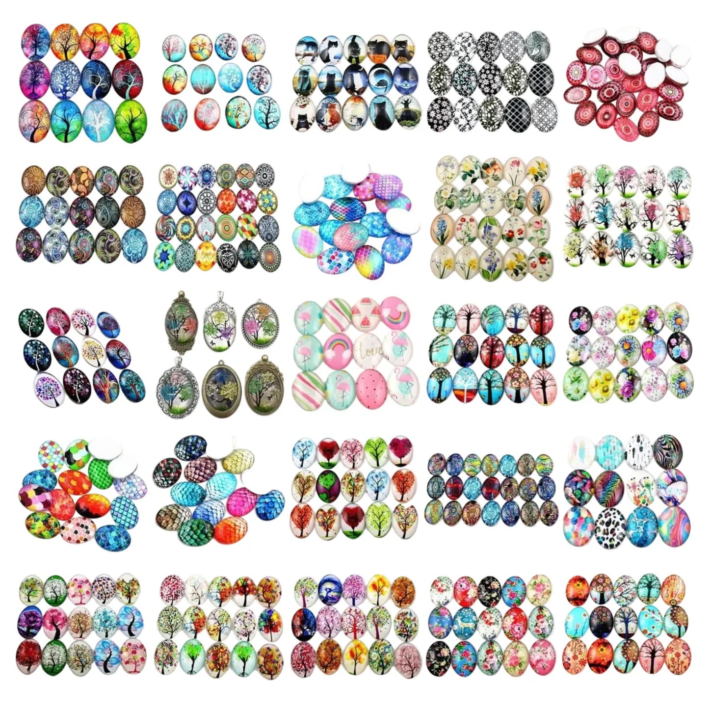 10pcs Glass Cabochons Flower Tree Life Handmade Oval Shape 18x25mm Jewellery Accessories - TREES 1 - Asia Sell