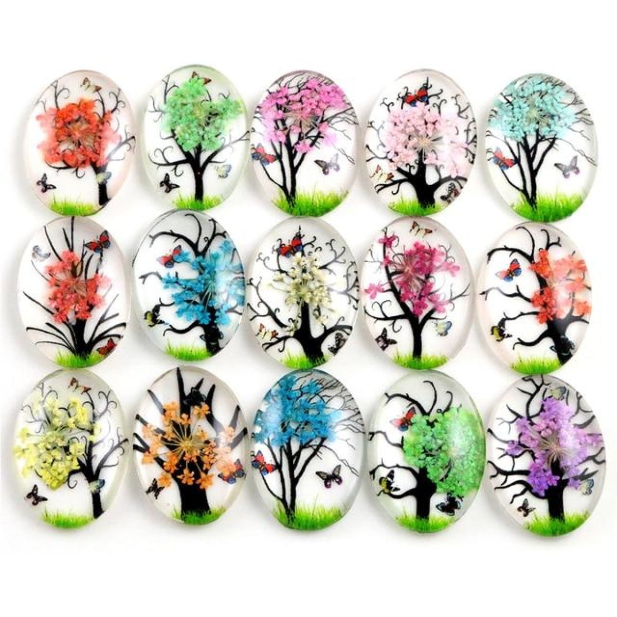 10pcs Glass Cabochons Flower Tree Life Handmade Oval Shape 18x25mm Jewellery Accessories - TREES 10 - - Asia Sell