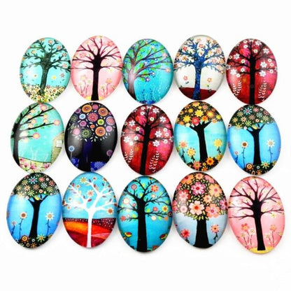 10pcs Glass Cabochons Flower Tree Life Handmade Oval Shape 18x25mm Jewellery Accessories - TREES 4 - - Asia Sell