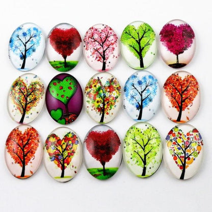 10pcs Glass Cabochons Flower Tree Life Handmade Oval Shape 18x25mm Jewellery Accessories - TREES 6 - - Asia Sell