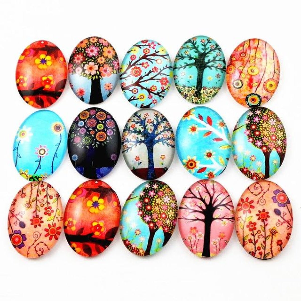 10pcs Glass Cabochons Flower Tree Life Handmade Oval Shape 18x25mm Jewellery Accessories - TREES 7 - - Asia Sell