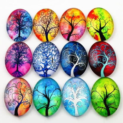 10pcs Glass Cabochons Flower Tree Life Handmade Oval Shape 18x25mm Jewellery Accessories - TREES 9 - - Asia Sell
