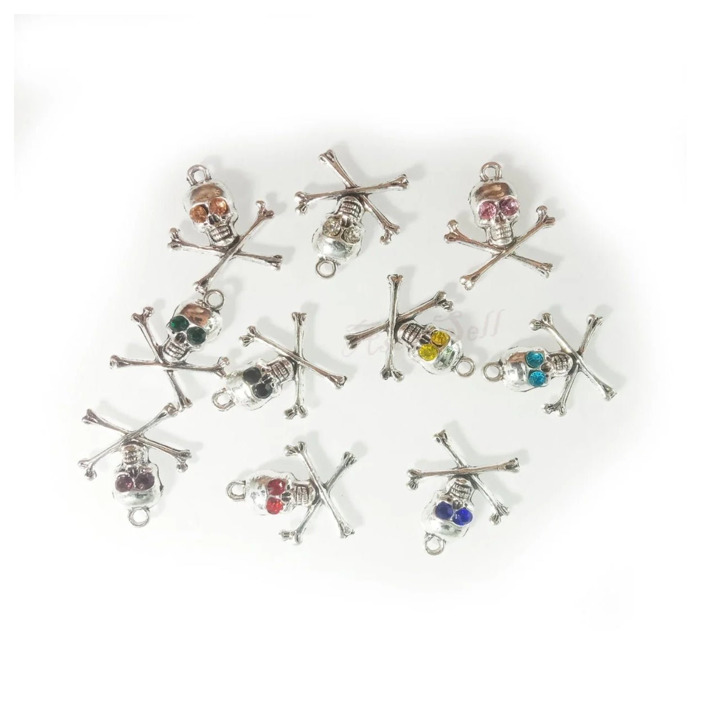 10pcs Skull Crossbones Charms Retro Mixed Crystal Halloween Pendants Tibetan Silver Tone 21x23.5mm - - Asia Sell