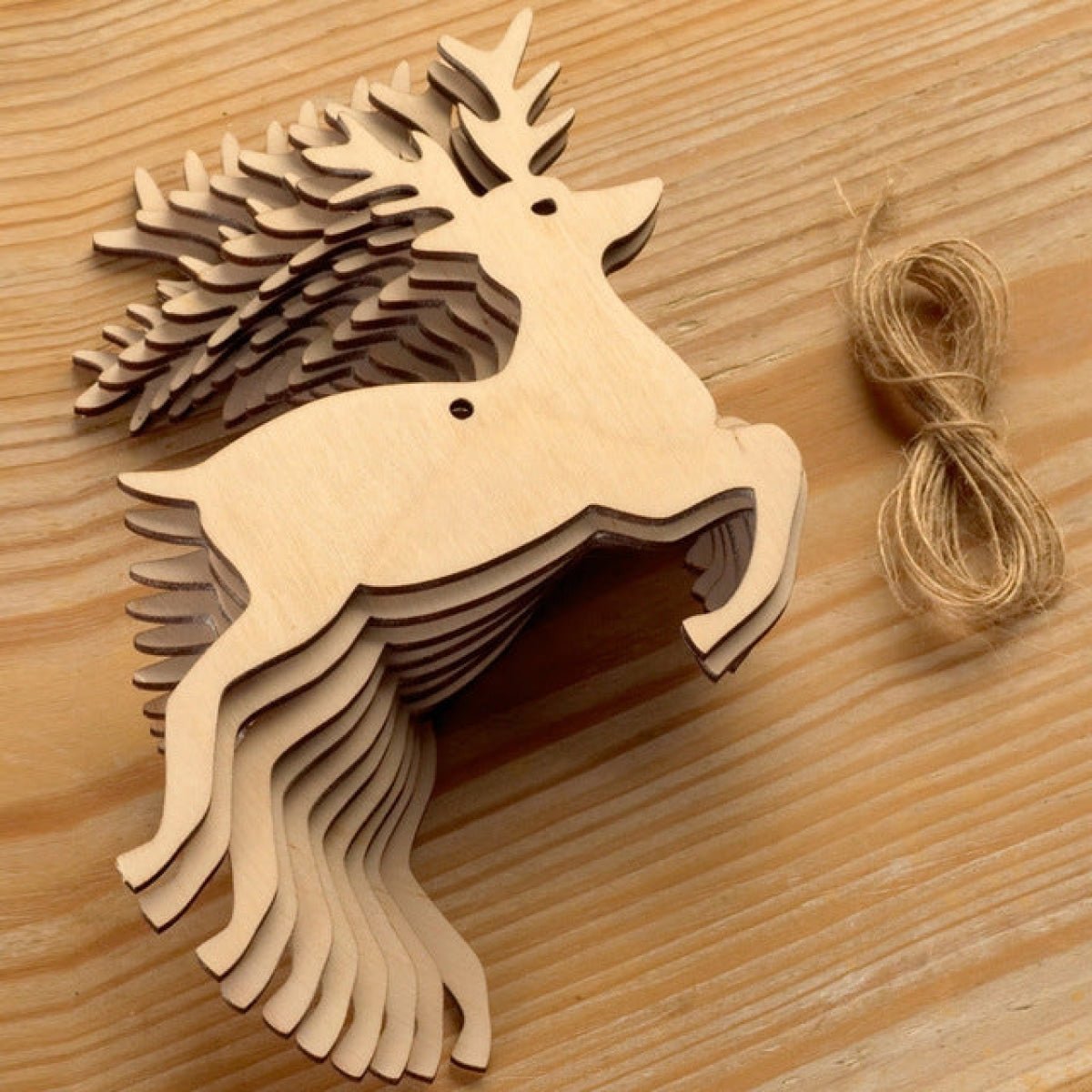10pcs Wooden Blanks with Thread Christmas Hanging Ornament Forms Tree Bell Star Bauble Snowflake for DIY Craft - Reindeer 2 - Asia Sell