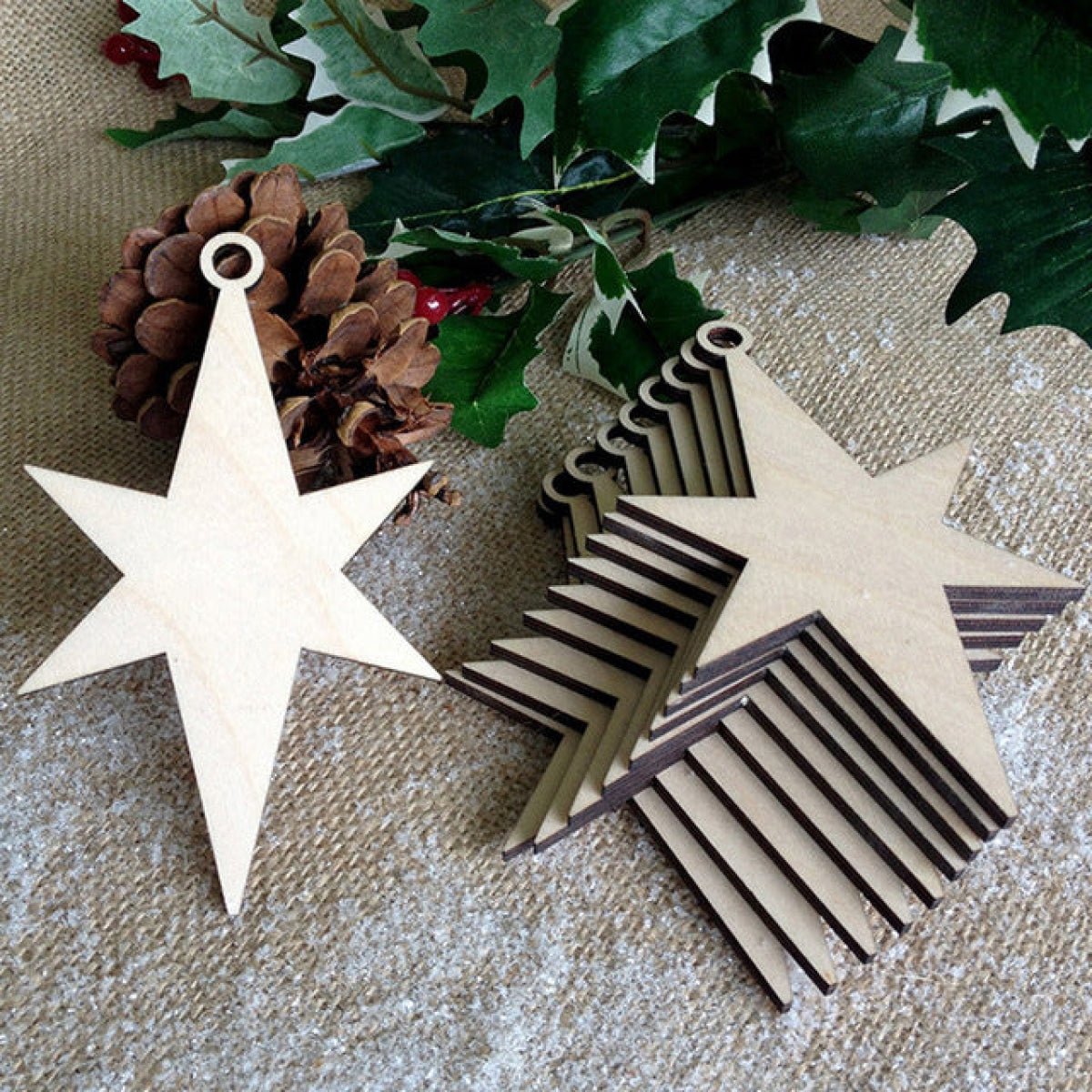 10pcs Wooden Blanks with Thread Christmas Hanging Ornament Forms Tree Bell Star Bauble Snowflake for DIY Craft - Star of Bethlehem - Asia Sell