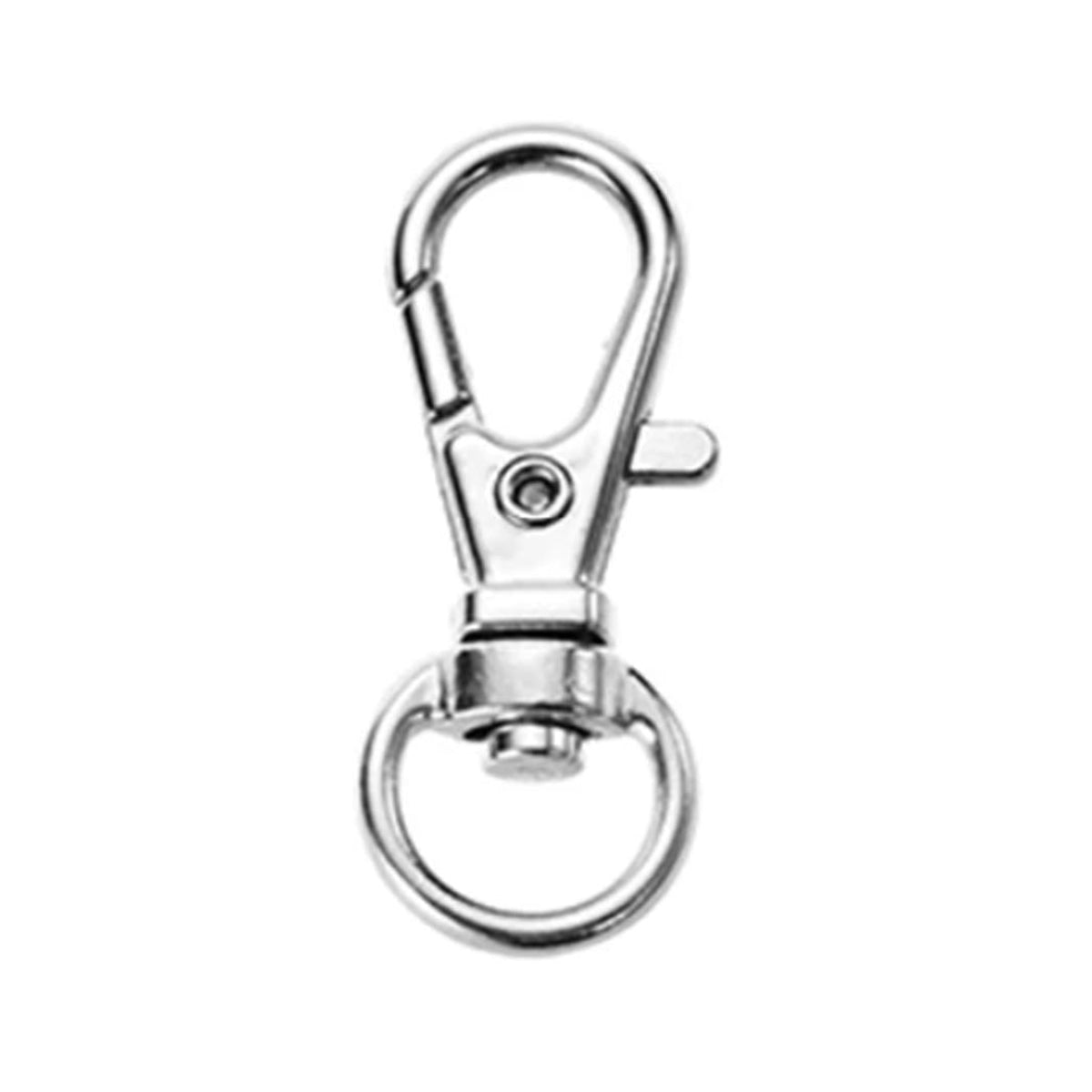 A silver-colored metal lobster clasp swivel trigger clip snap hook key ring on a white background.