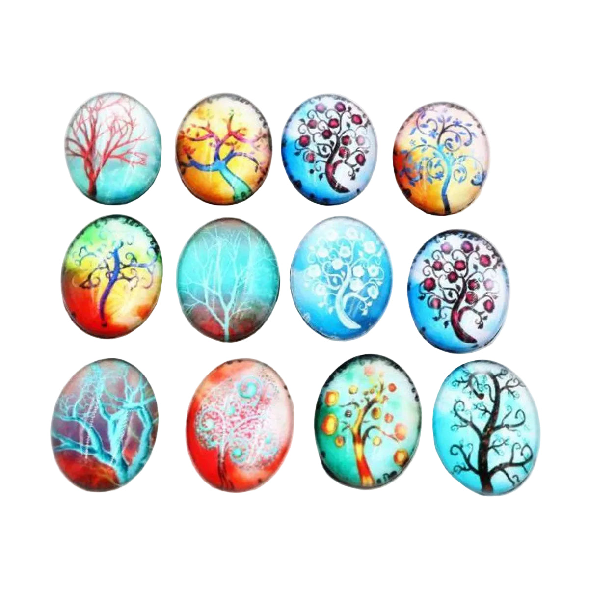 A collection of 10 oval-shaped glass cabochons with a floral and tree pattern design.