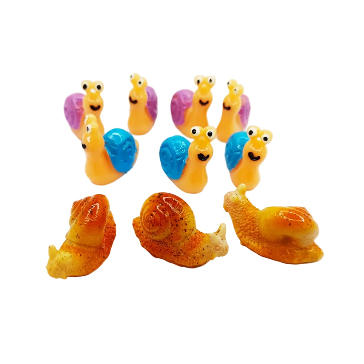 Colorful snail figurines on a white background