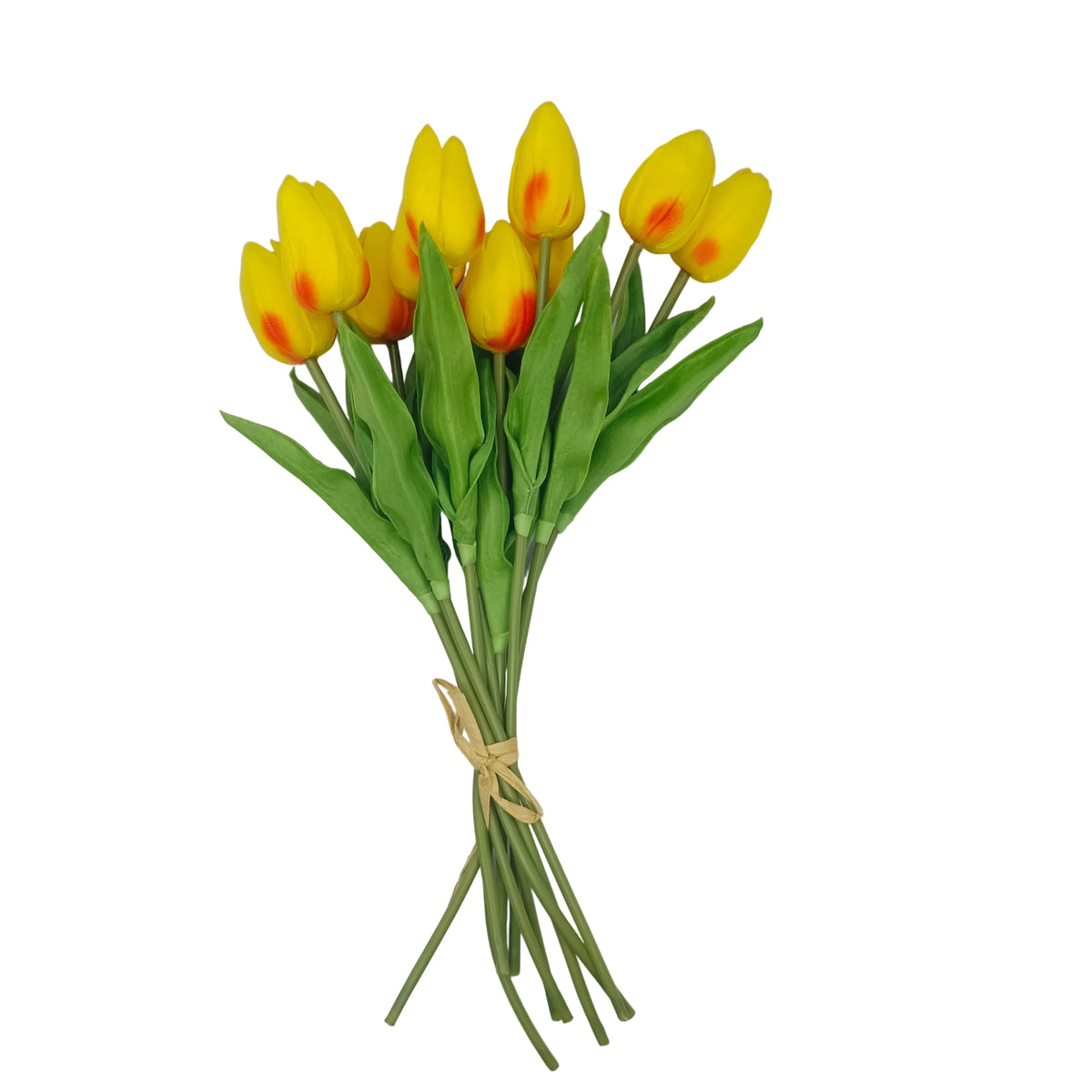 A bouquet of artificial yellow tulips with green stems and green leaves, arranged on a white background.