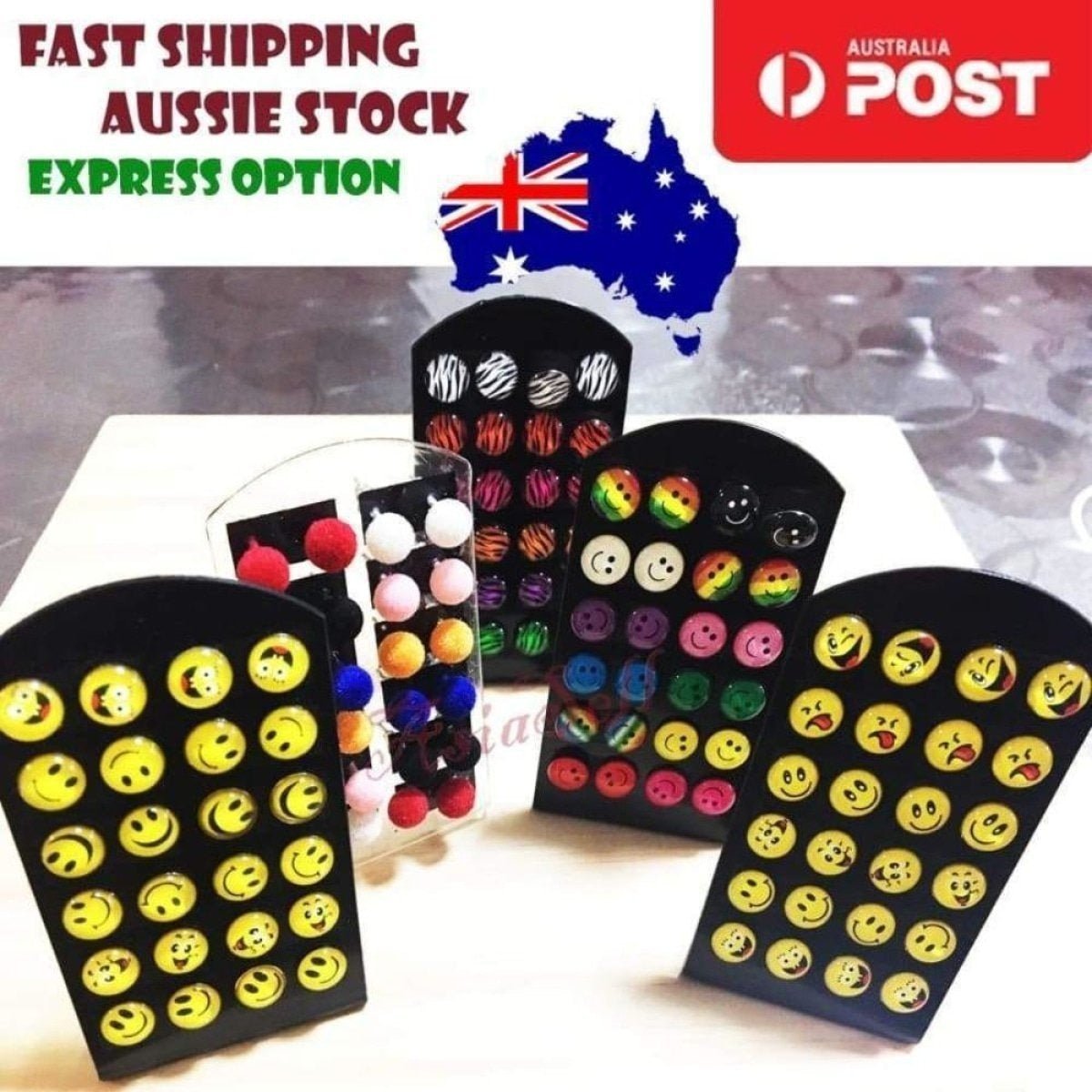 12 Pairs Cute Emoticon Smiley Face Furry Stud Earring Girls Fur Ball Earrings - Smiley 1 - Asia Sell