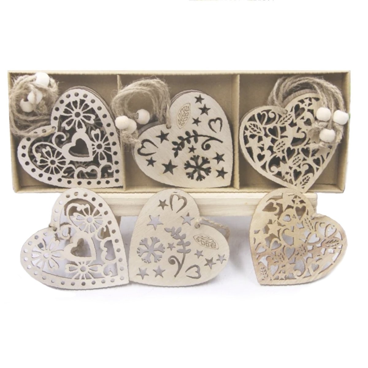 12pcs 75mm Wooden Stars Hearts Christmas Pendants Cardboard Storage Box Hanging Ornaments Xmas Tree Decorations Kids DIY Painting Crafts - Hearts - Asia Sell
