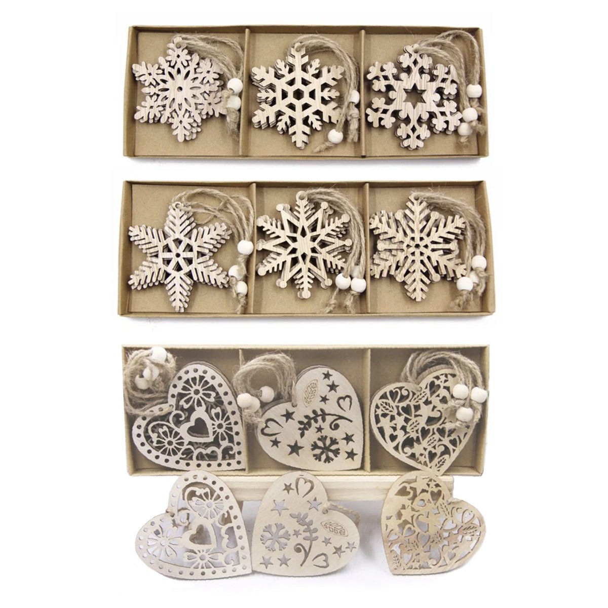 12pcs 75mm Wooden Stars Hearts Christmas Pendants Cardboard Storage Box Hanging Ornaments Xmas Tree Decorations Kids DIY Painting Crafts - Snowflakes - Asia Sell