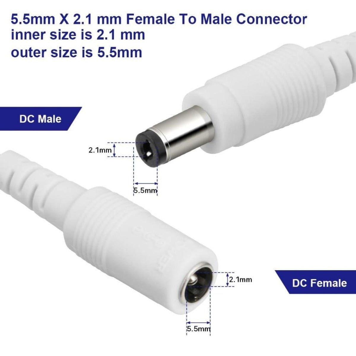 12V 5A 20AWG DC Extension Cable LED CCTV Camera 5.5mm x 2.1mm Male Female Power Cord - 0.5m White - Asia Sell