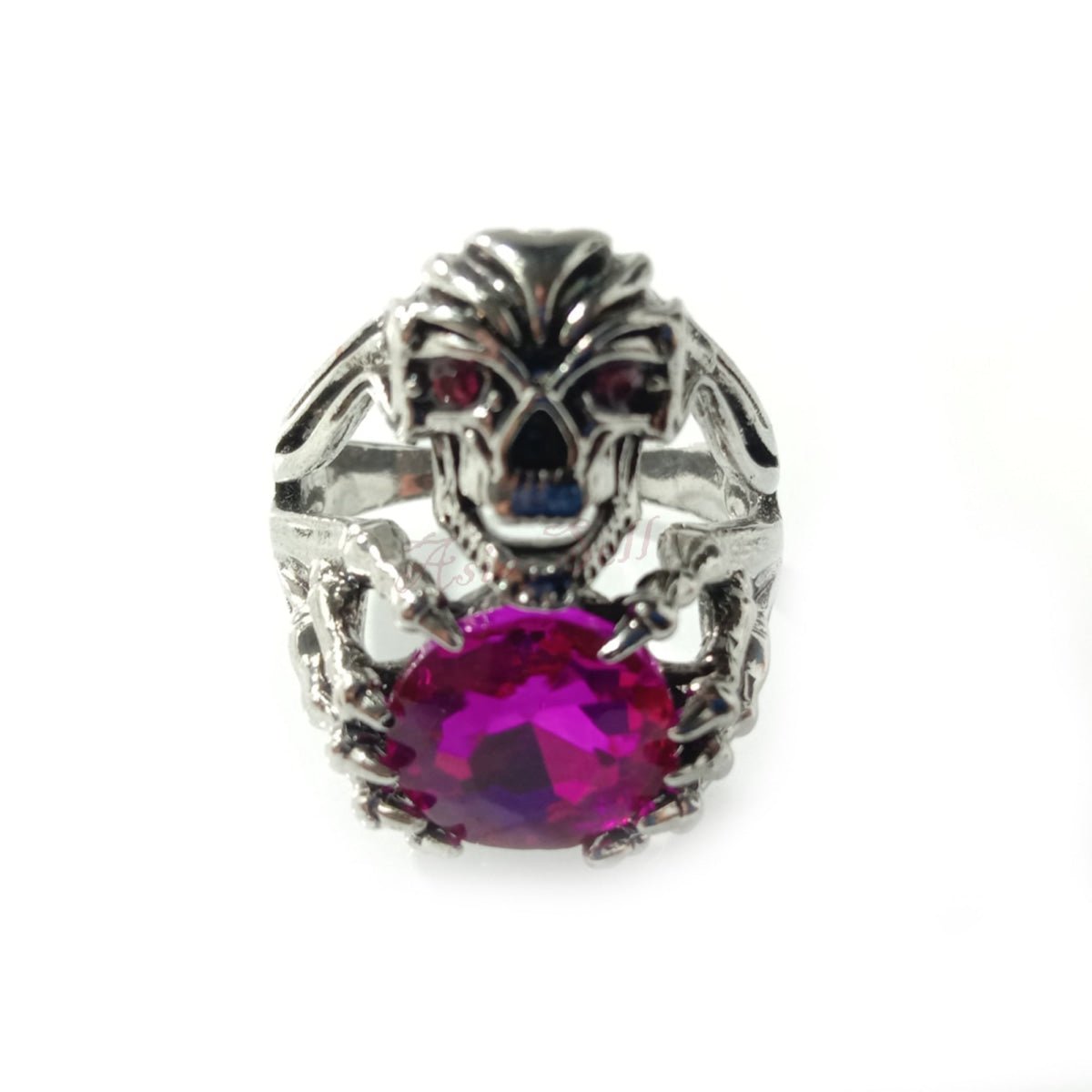 1pcs Sizes 8-12 Men's Women's Skull Ring Demon Silver Colour Pink Stones Jewellery Death Devil - 8 - Asia Sell