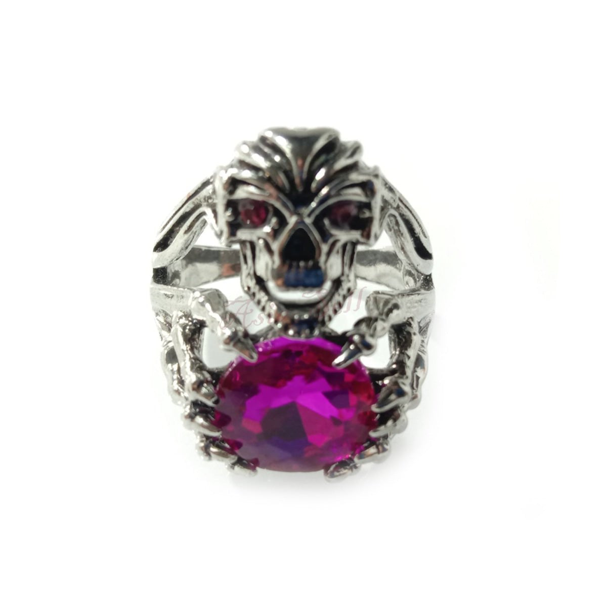 1pcs Sizes 8-12 Men's Women's Skull Ring Demon Silver Colour Pink Stones Jewellery Death Devil - 8 - Asia Sell
