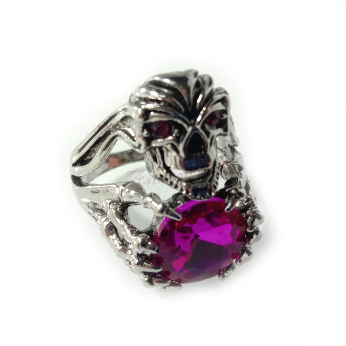 1pcs Sizes 8-12 Men's Women's Skull Ring Demon Silver Colour Pink Stones Jewellery Death Devil - 8 - Asia Sell