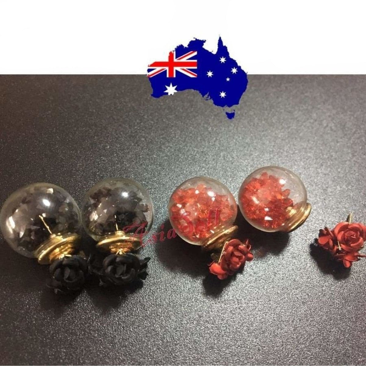 2 Pair Red and Black Glass Crystal Stud Earrings Confetti Double Sided Round - - Asia Sell