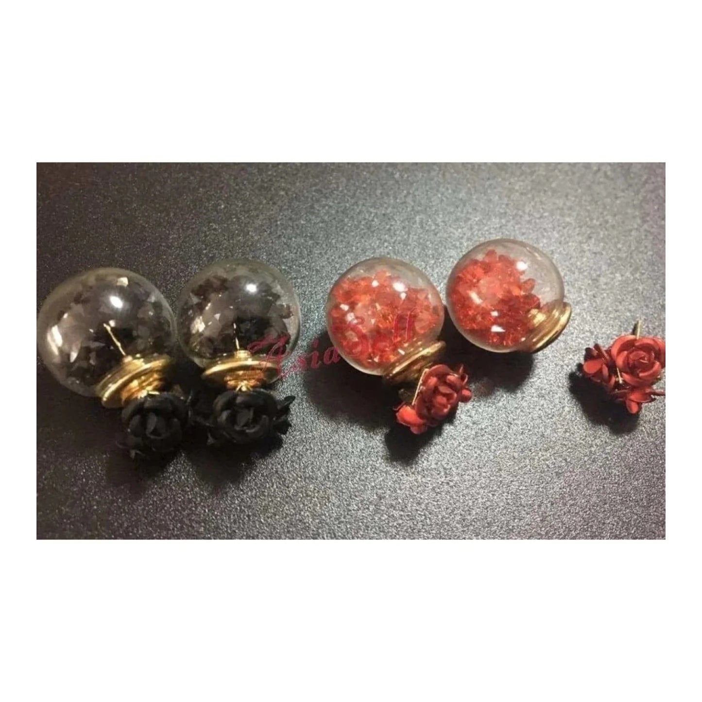 2 Pair Red and Black Glass Crystal Stud Earrings Confetti Double Sided Round - - Asia Sell